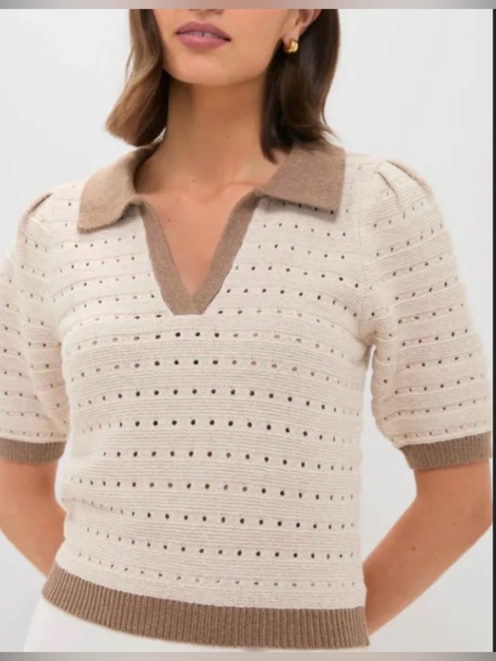 NWT Hyacinth House Cream & Tan Collared Short Sleeve Phil Sweater - M price firm